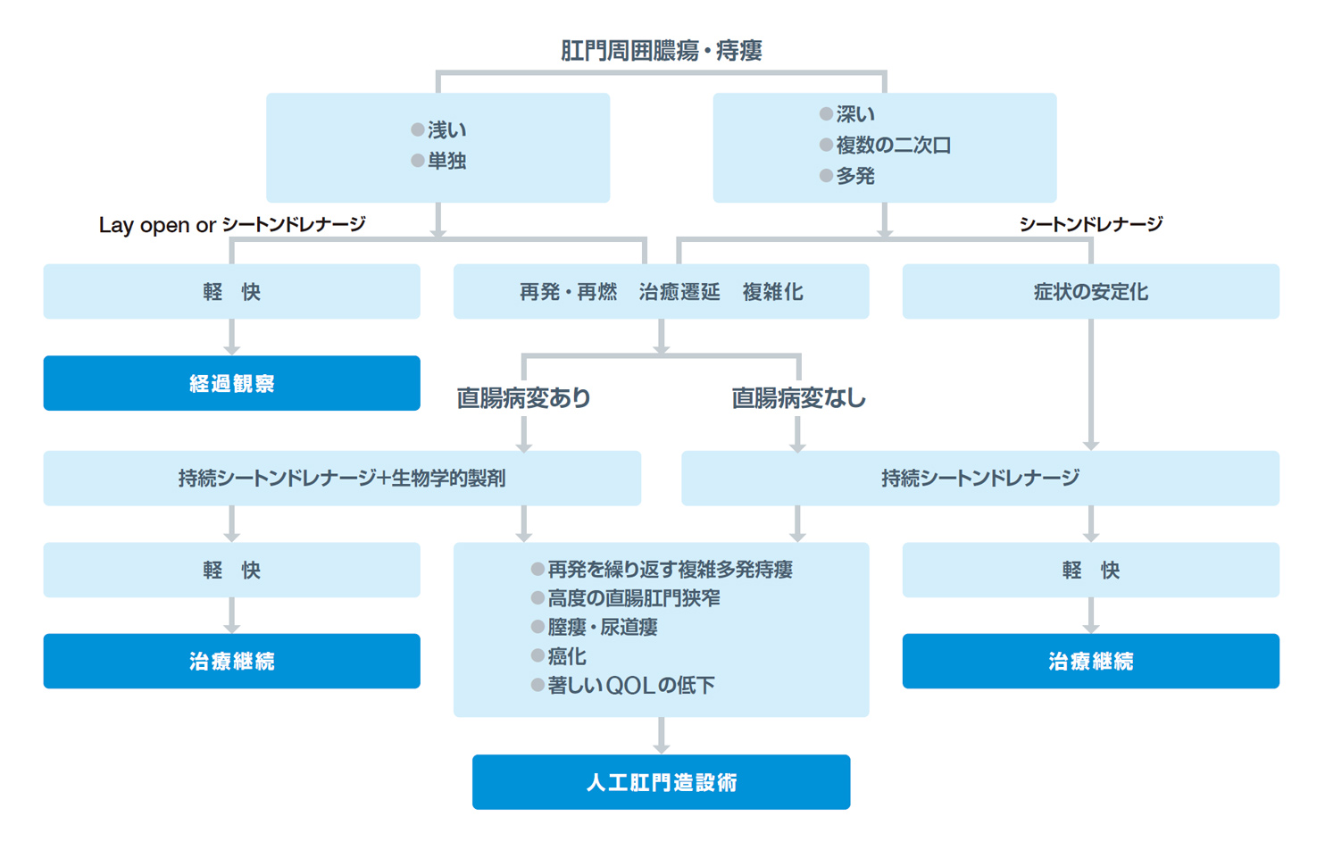 図．肛門疾患（痔核・痔瘻・裂肛）・直腸脱診断ガイドライン 2020年版（改訂第2版）クローン病合併痔瘻・肛門周囲膿瘍治療のフローチャート